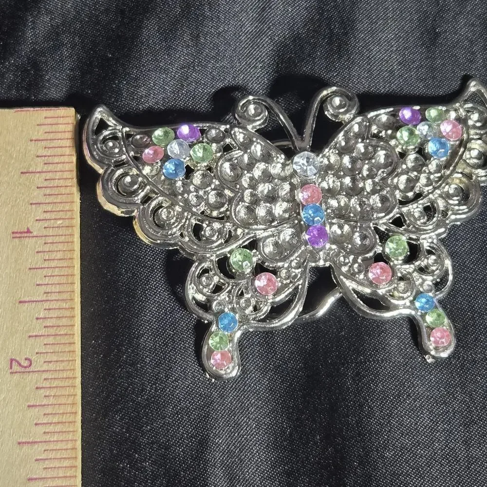 Vintage Butterfly Belt Buckle‎ Silver Tone Blue Pink Green Pastel Rhinestones